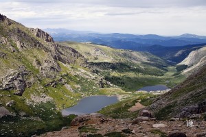 View of Upper and Lower Lake Chicago from Summit Lake area on Mt Evans. This valley was formed by Glaciers and are considered Paternoster Lakes.